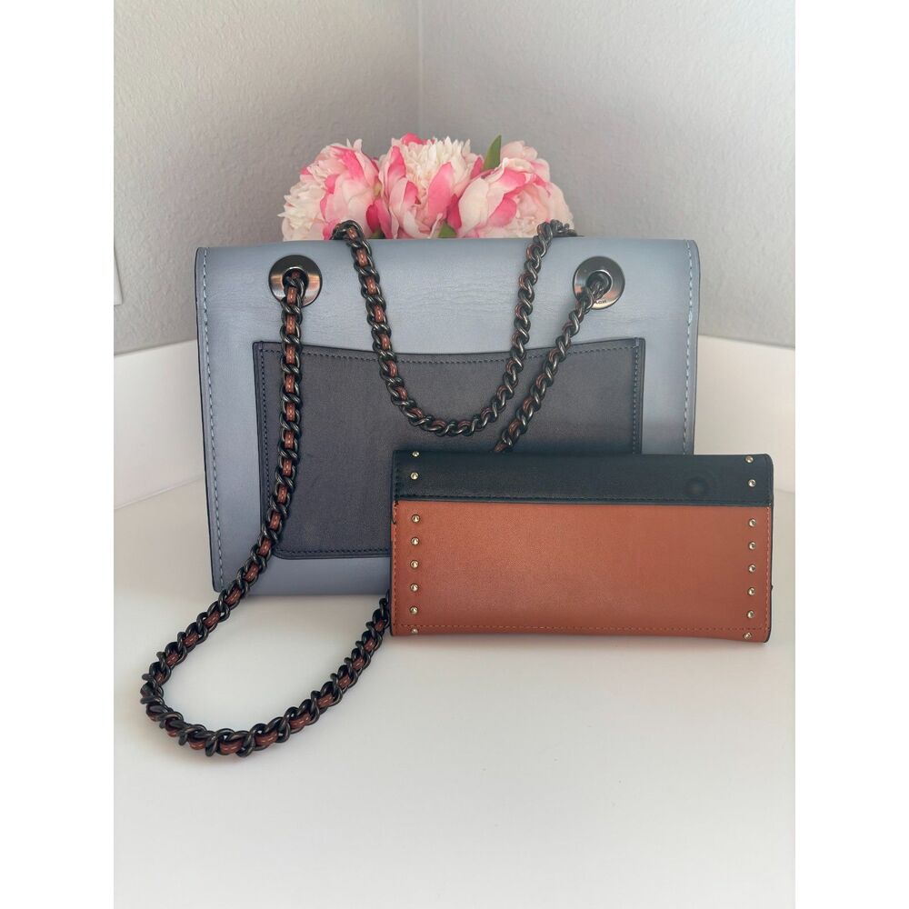 Coach Parker Tea Rose Signature Colorblock Shoulder bag &Wallet Blue Black Gold - Picture 2 of 11